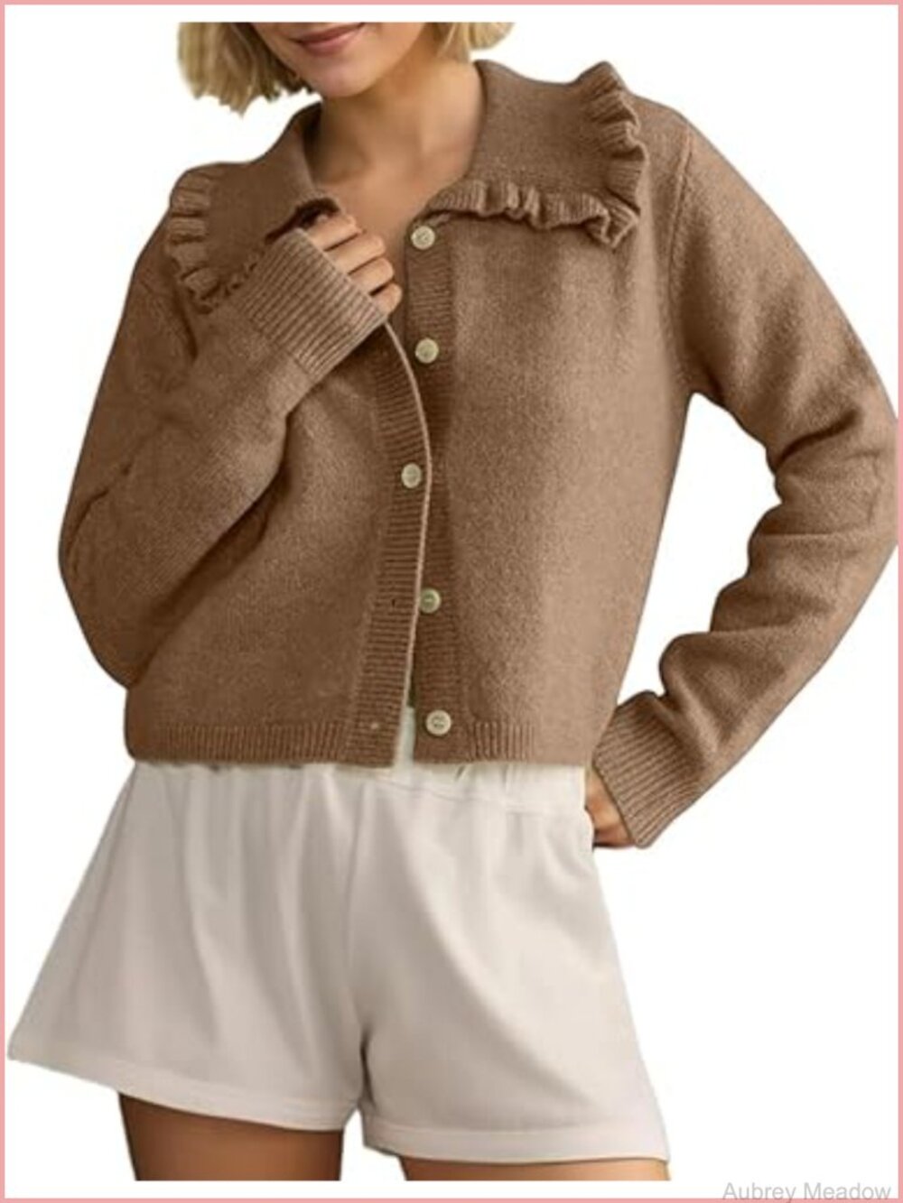 Ruffle Cropped Cardigan Open Front Knitted Sweater Long Sleeve Button Jacket